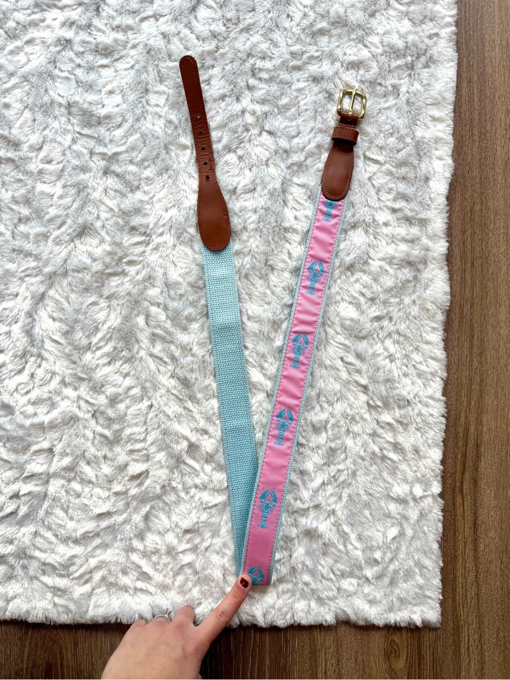 Preston Embroidered Nantucket Lobster Belt Blue Pink Leather Brass Buckle Sz 36